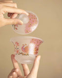 Pink Frosted "Luminous Peacock" Glass Sancai Gaiwan