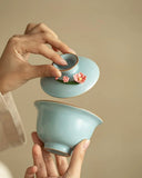 Hand-Sculpted "Azure Petals" Ru Ware Floating Sancai Gaiwan